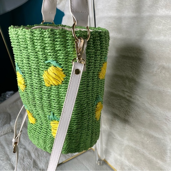 Anthropologie Raffia Green Woven Bucket Bag with Lemon Fruit Embroidery - Picture 6 of 16